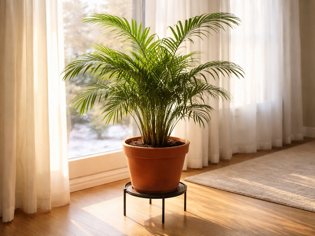 Potted palm indoors near a bright south-facing window for container winter protection in Michigan