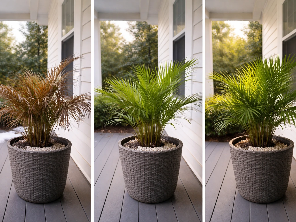 Potted palm shown in three stages: winter survival, spring leaf-out, and fuller later-season growth.