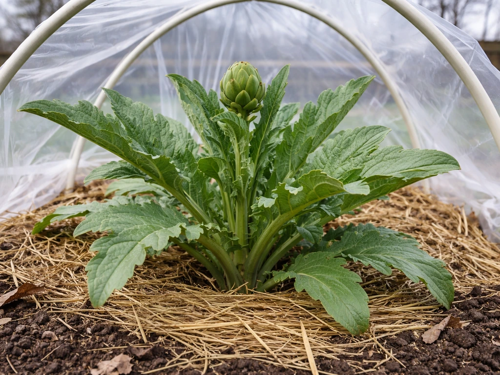 Artichoke plant in a Missouri backyard garden under clear cold protection with straw mulch.
