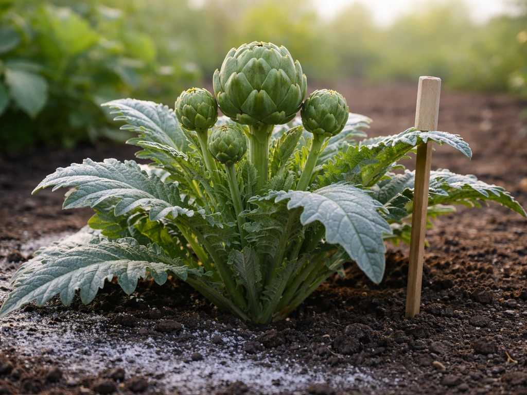 Artichoke plant with forming buds in cool soil, hinting at cold exposure and growing season window