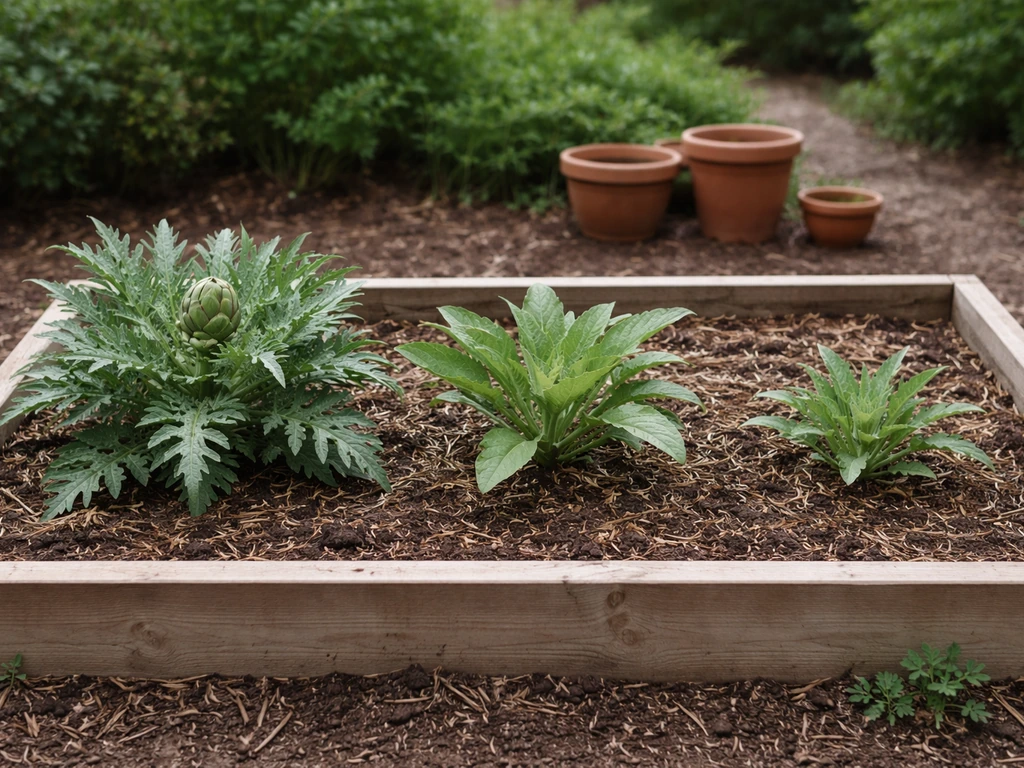 Small Missouri garden bed with three distinct artichoke plants at different growth stages in natural light.