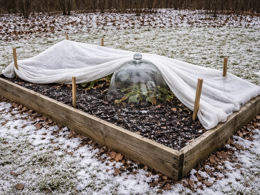 Garden artichoke bed covered with mulch and a protective cloche for Missouri winter cold protection