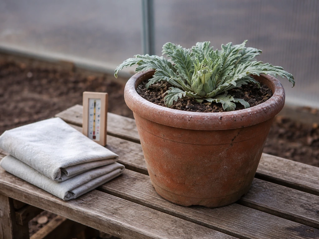 Potted artichoke with no buds beside frost cloth, suggesting winter vernalization problems and cold care.