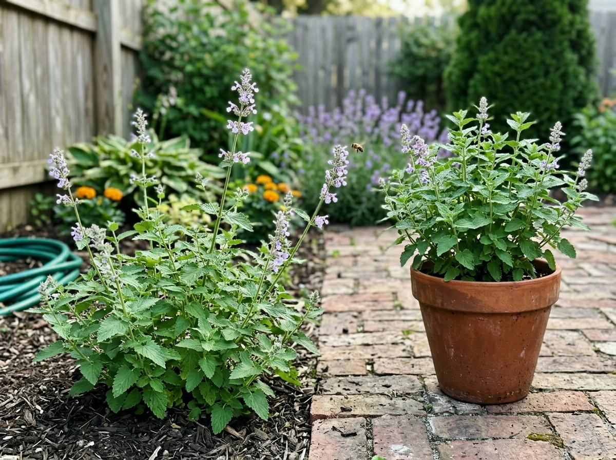 Healthy catnip plant in both outdoor garden bed and patio pot in natural light
