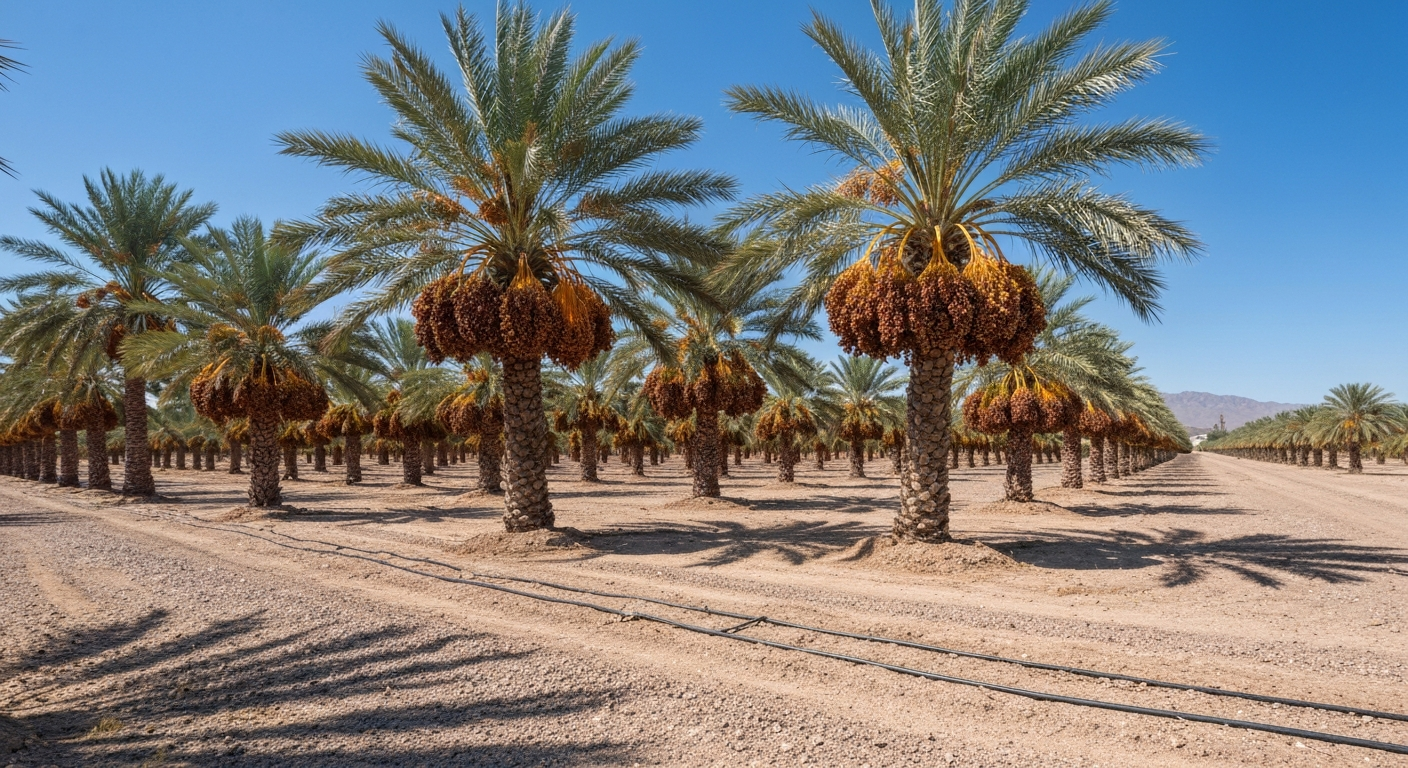 Date palm orchard in Arizona's low desert with ripe date clusters under clear skies