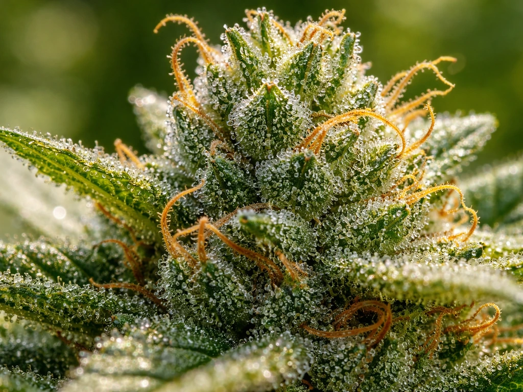 Closeup of a hemp bud with glistening resin, showing the idea of trace cannabinoids in a natural, minimal scene.