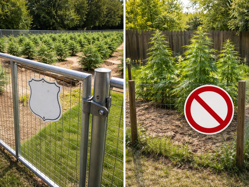 Split image: licensed hemp grow behind fenced beds vs unlicensed home plot with red prohibition symbol.