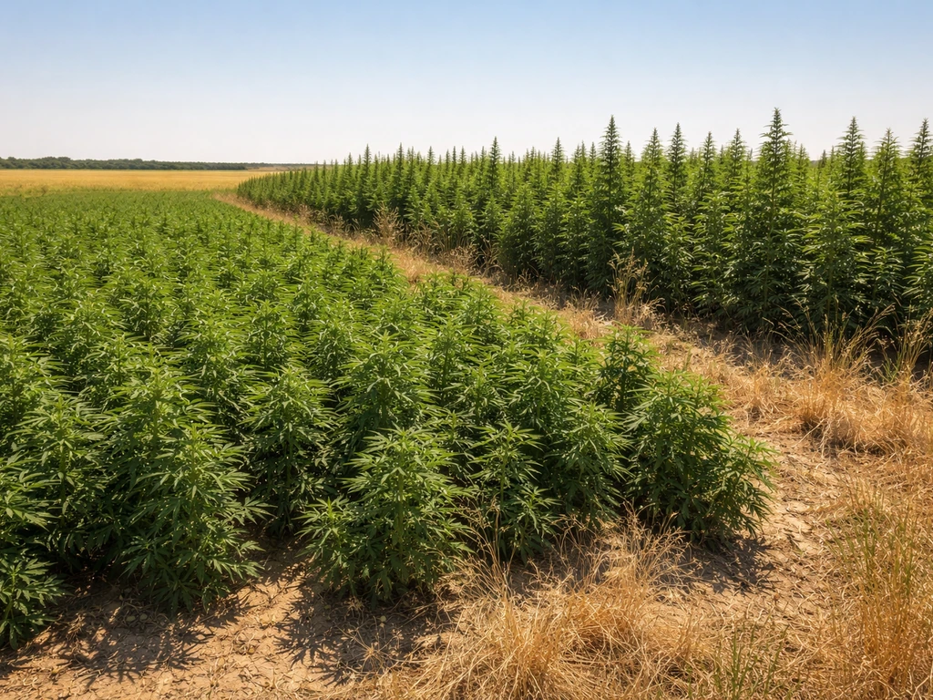 Texas hemp field under hot summer sun, showing early vegetative and budding flowering stages.