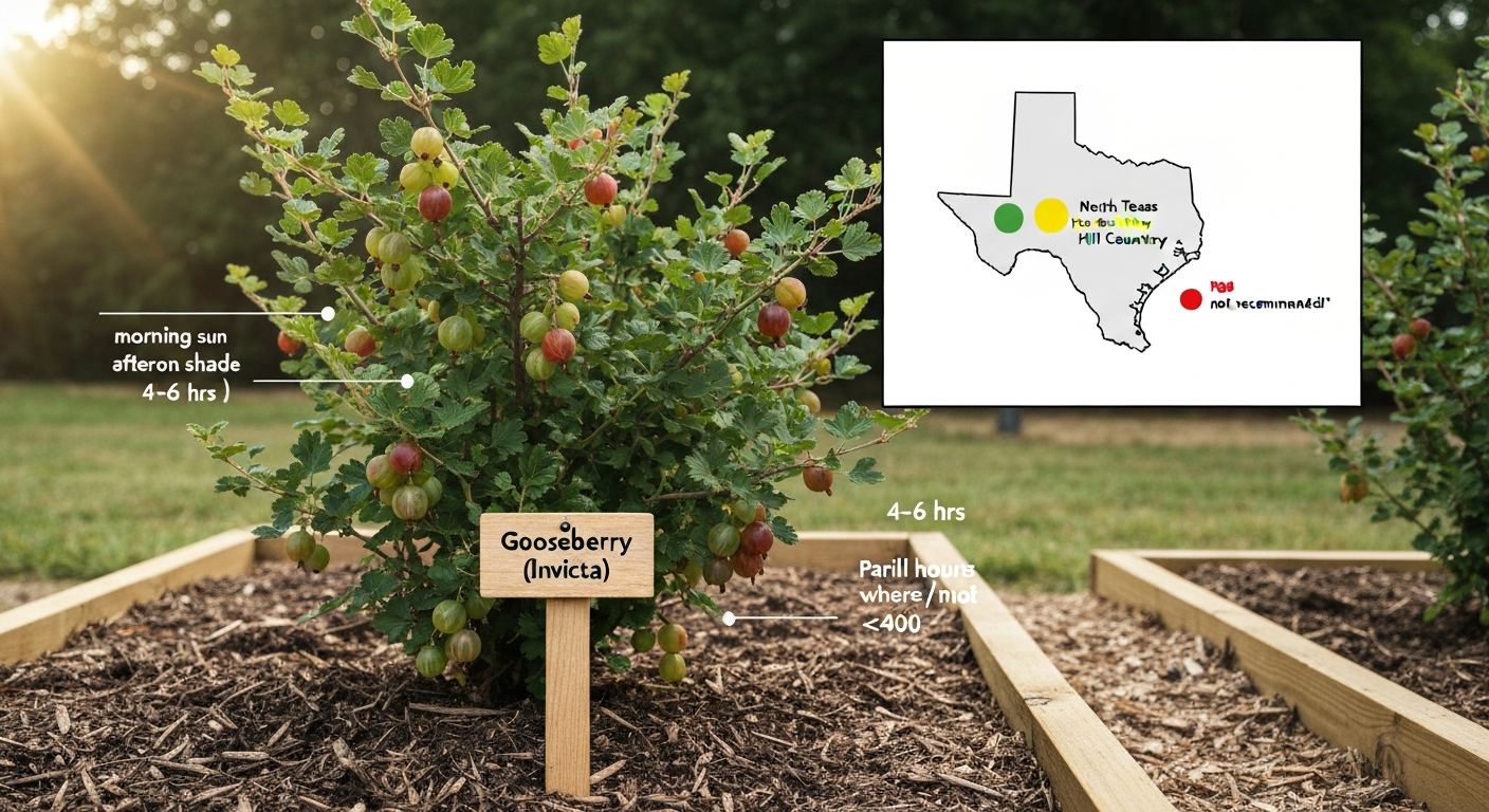 Illustration of a gooseberry shrub in a mulched raised bed with a small inset map of Texas highlighting best regions for growing gooseberries.