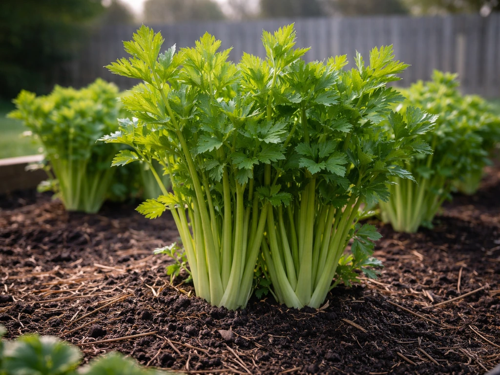 Outdoor celery bed in a Minnesota home garden with pale-green stalks in early spring light.