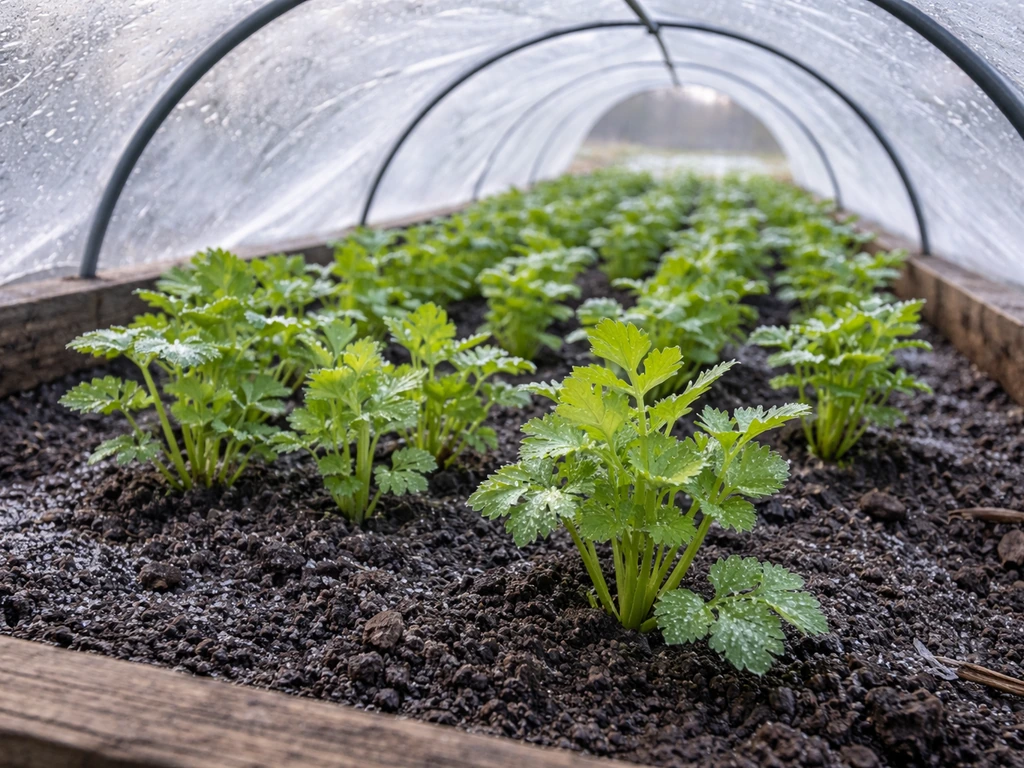 Celery seedlings under a low tunnel with cool morning frost on the soil, suggesting short-season risk in Minnesota.
