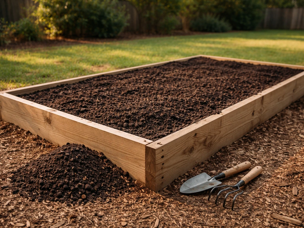 Raised garden bed being prepared for celery with rich composted soil in full-sun garden