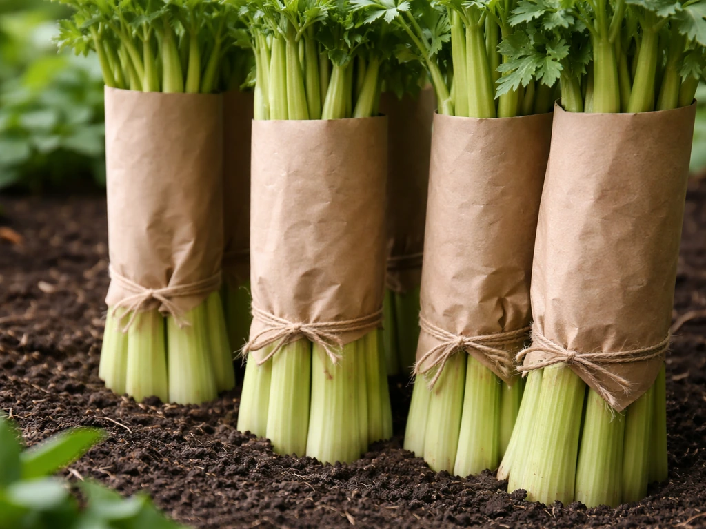 Celery stalks wrapped with brown paper for blanching, shown in a close-up garden setting.