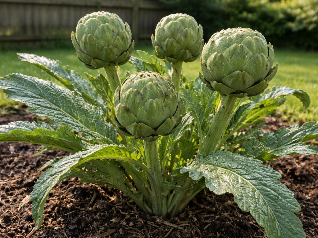 Late-season globe artichoke heads growing in an Ohio garden bed with vivid green leaves