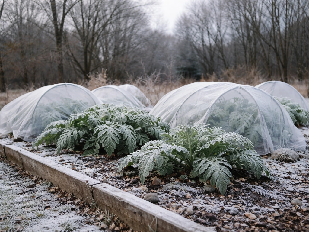 Frosty northern garden with artichoke plants under light snow and ice on the soil
