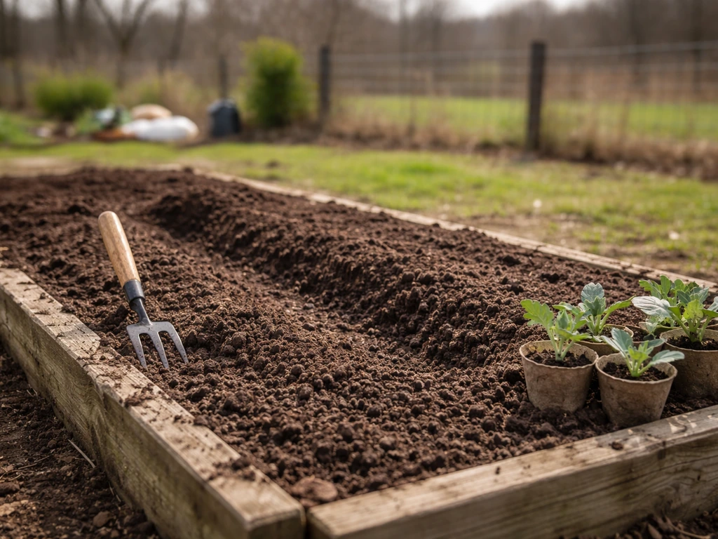 Raised artichoke bed in Ohio soil with compost and small seedlings ready for transplanting.