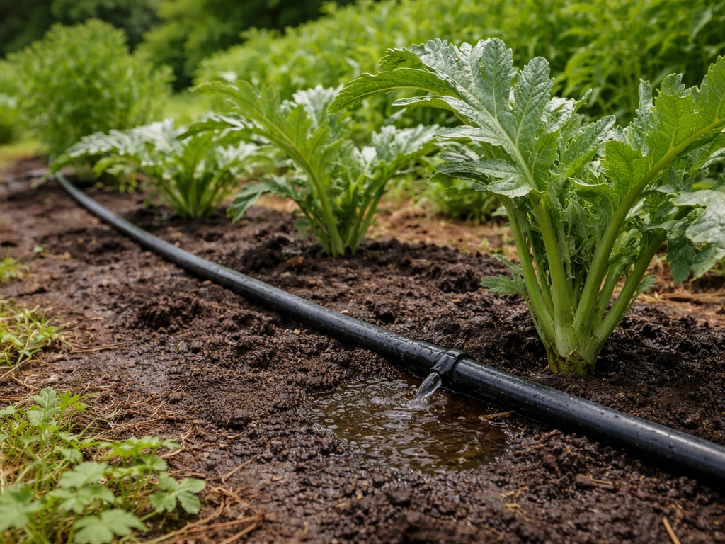 Globe artichoke plants in an Ohio garden bed with a drip irrigation line watering the soil.