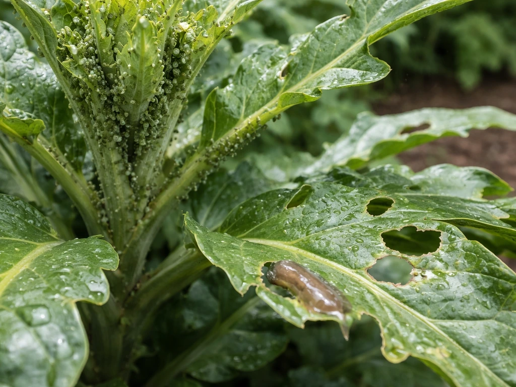 Close-up of an artichoke plant tender growth with aphids and faint slug damage on leaves in a garden.