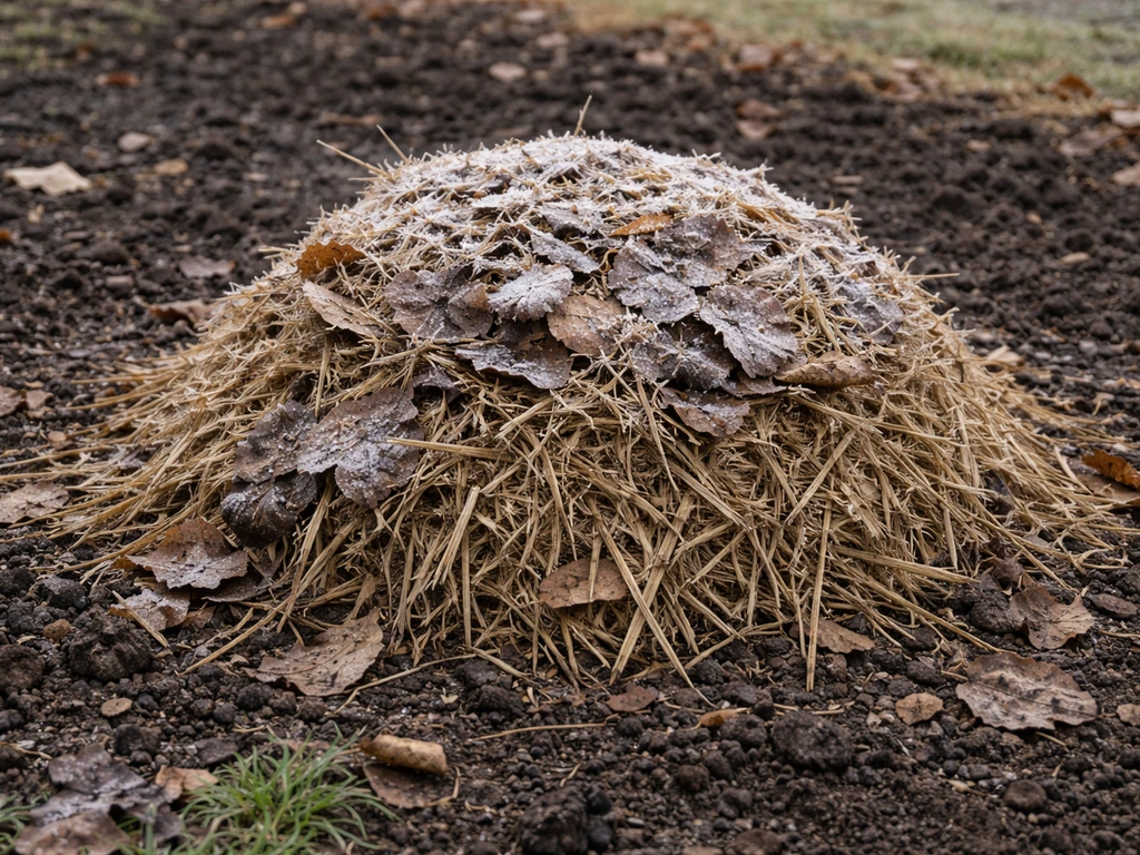 Artichoke crown in Ohio garden covered with deep mulch after first frost, insulated for winter protection.