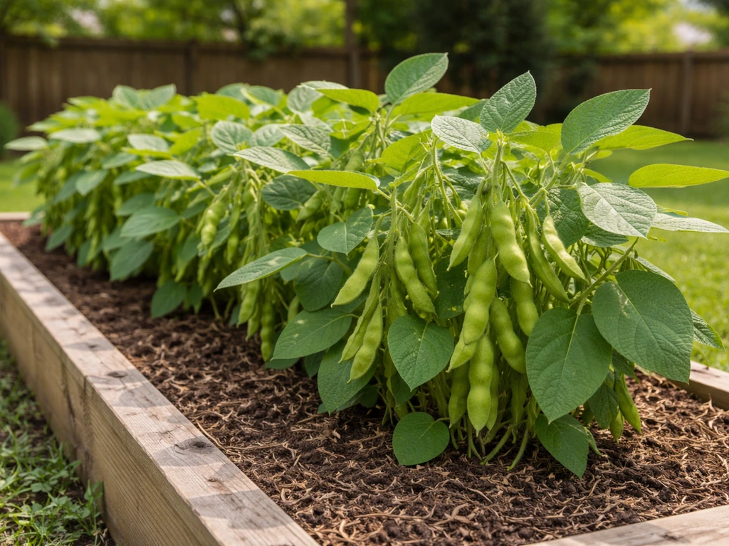 Close view of edamame plants with green pods growing in an Ohio-style backyard garden bed.