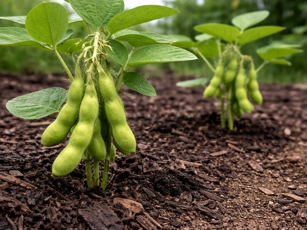 Green edamame pods growing in a simple Ohio garden row, showing different pod sizes on plants.