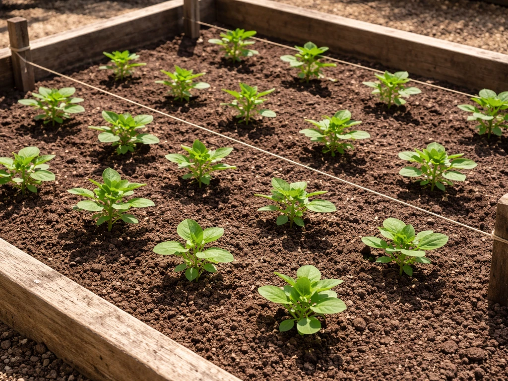 Edamame seedlings in a sunny raised bed with clear spacing between plants and rows, showing loose soil.