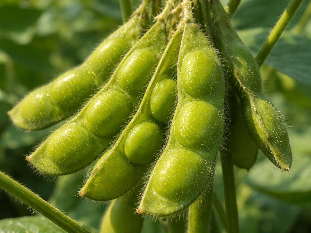 Close-up of plump edamame pods with glossy green seeds, ready for harvest.