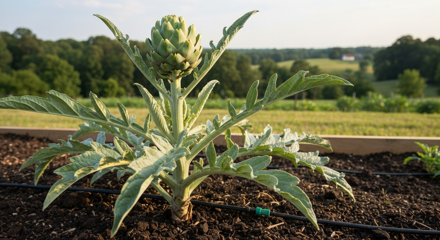 Home garden artichoke with a tight green bud in a raised bed and a drip irrigation line, late-afternoon light