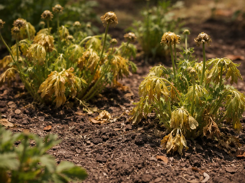 Yellowing ranunculus plants with shortened, spent blooms in hot summer sunlight