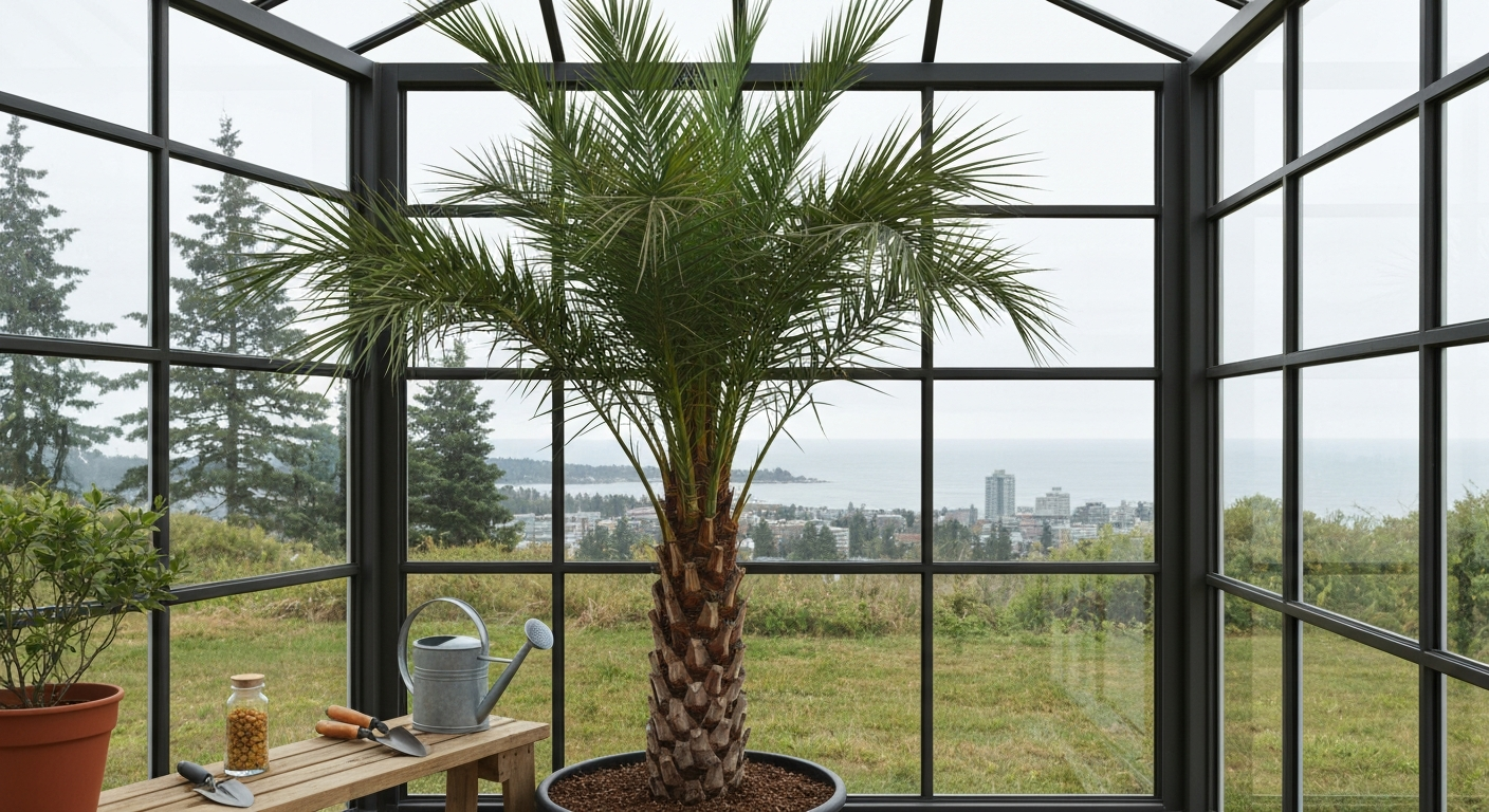 Date palm in a warm glass greenhouse with a coastal Canadian scene visible outside, illustrating an indoor environment used to grow dates in Canada.