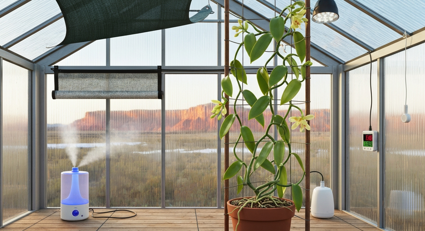 Vanilla vine growing on a trellis inside a humidified greenhouse, with grow light and humidifier; Utah landscape visible outside.
