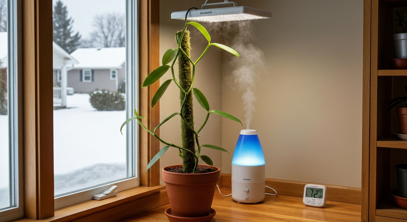 Indoor vanilla vine on a moss pole under a grow light and humidifier, with a snowy window outside and hygrometer reading ~75% RH.