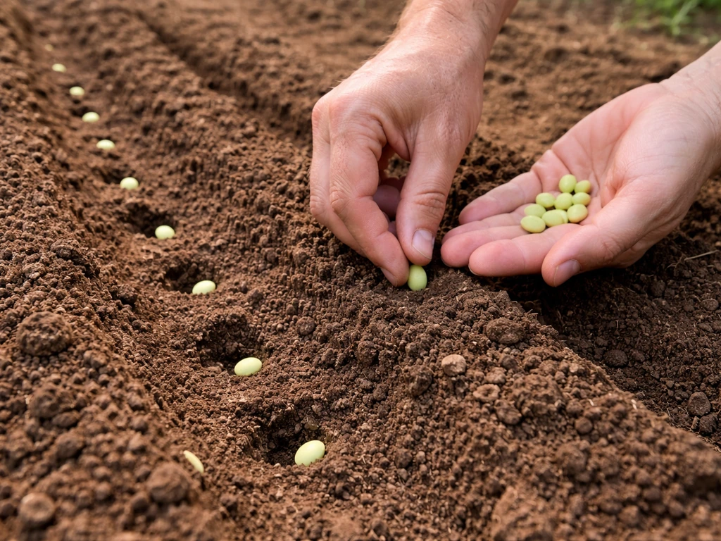 Closeup of hands direct-seeding edamame into prepared soil at 1–1.5 inch depth