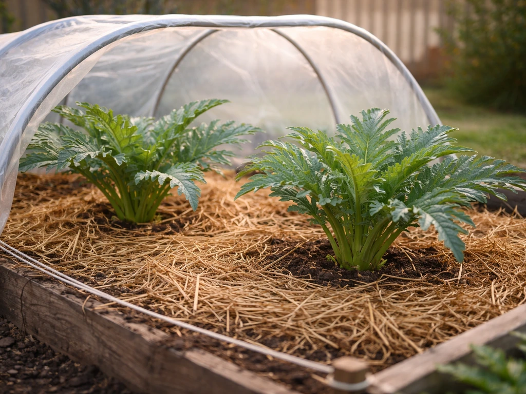 Artichoke plants in a New Jersey backyard garden with mulch and low hoop winter cover