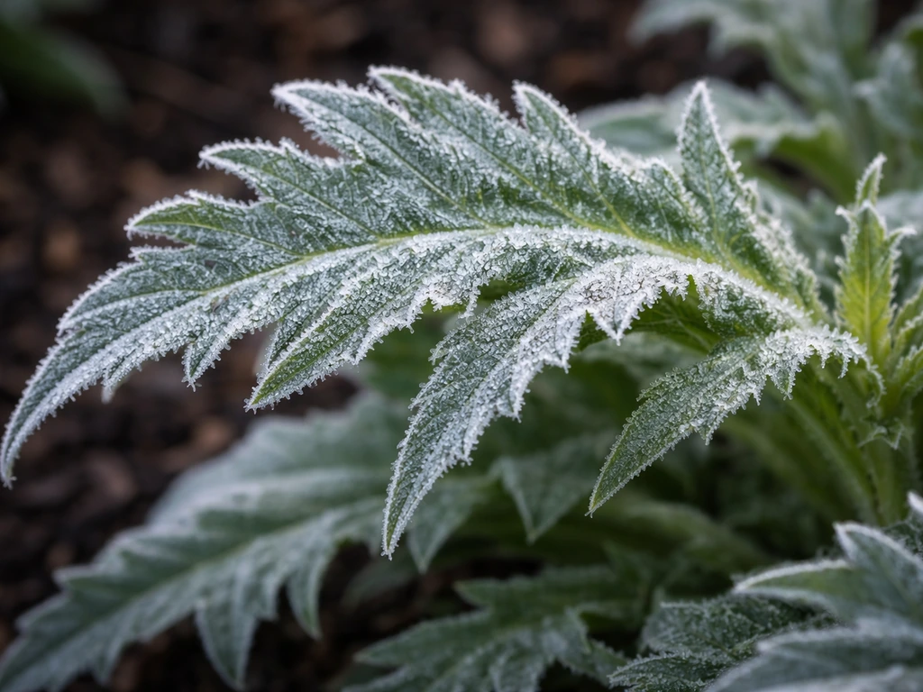 Close-up artichoke leaf with light frost, showing cold damage risk near freezing temperature.