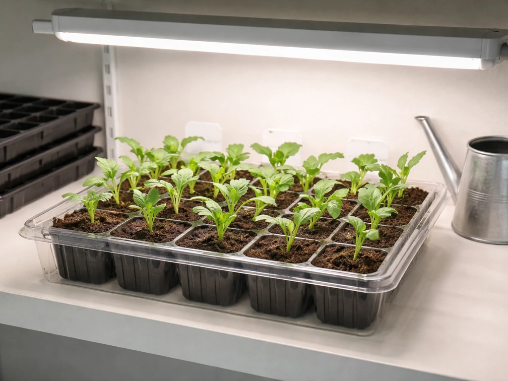 Artichoke seedlings in a clear tray under grow lights in a tidy indoor seed-starting setup, no text.