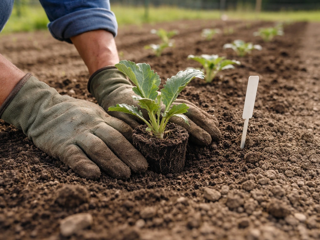 Hands setting small artichoke plants into a prepared outdoor garden bed in spring.