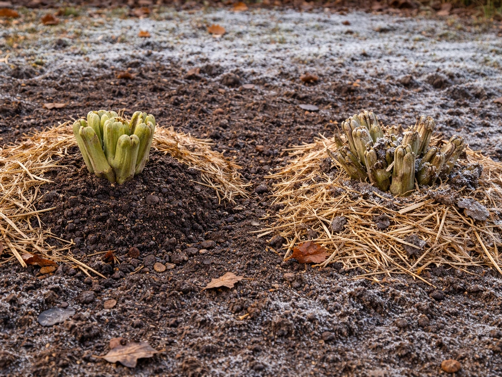 Trimmed artichoke plant in NJ garden with soil mounded and winter mulch over the cut crown.