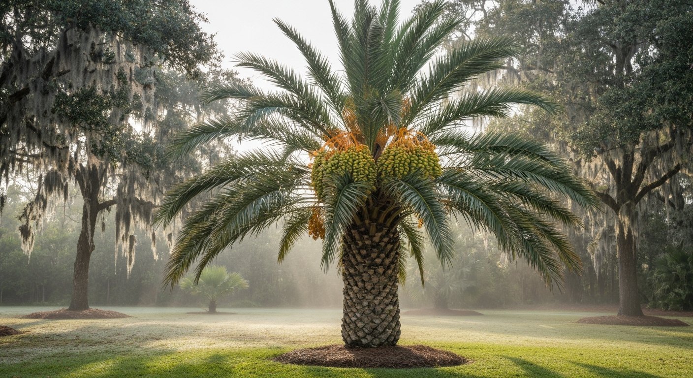 Mature edible date palm (Phoenix dactylifera) specimen in a southern Louisiana yard with fruit clusters, live oaks and Spanish moss in background, morning light.