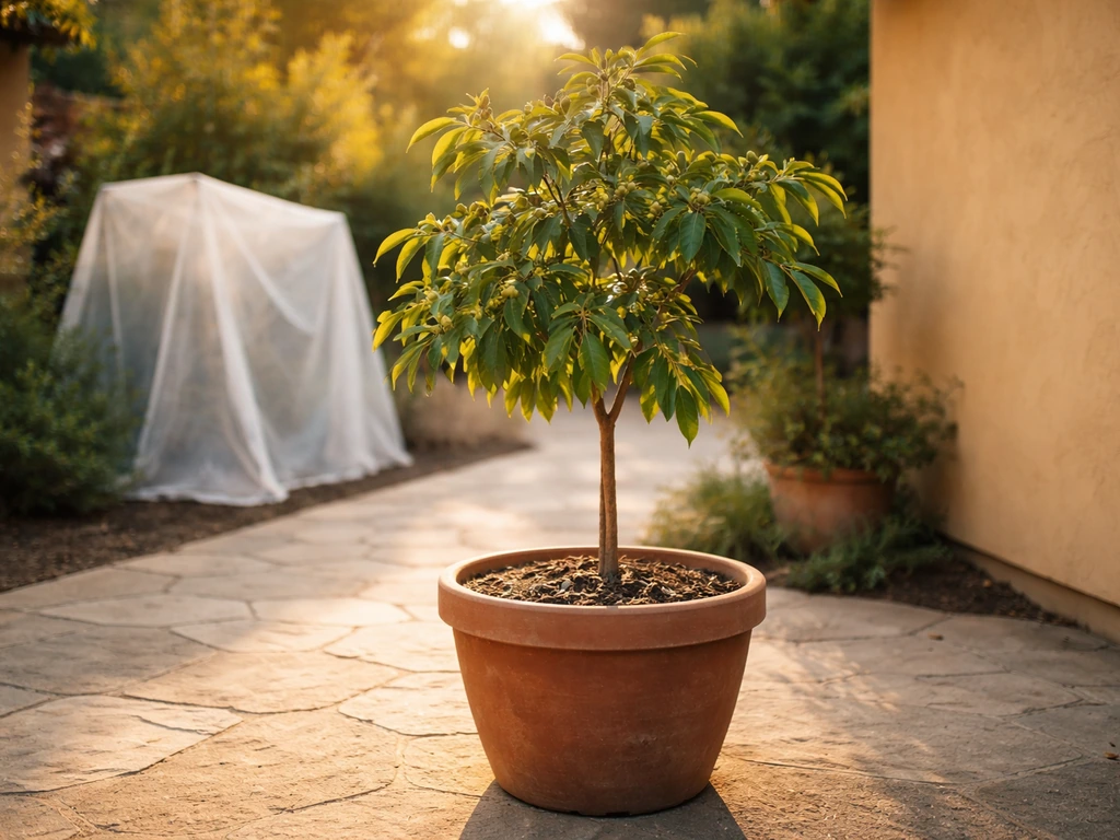 Sunlit longan tree in a terracotta pot in a calm California backyard courtyard.