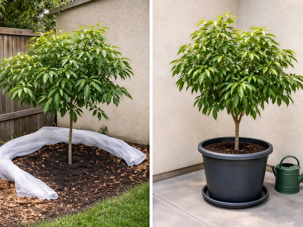 Side-by-side photo of a longan tree in-ground in a sheltered spot versus the same tree in a container.