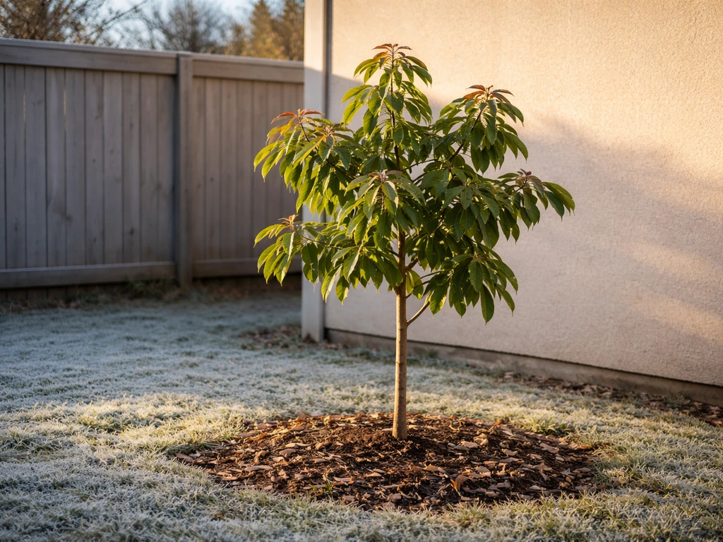 Young longan tree planted beside a sunny south-facing wall and fence in winter light.