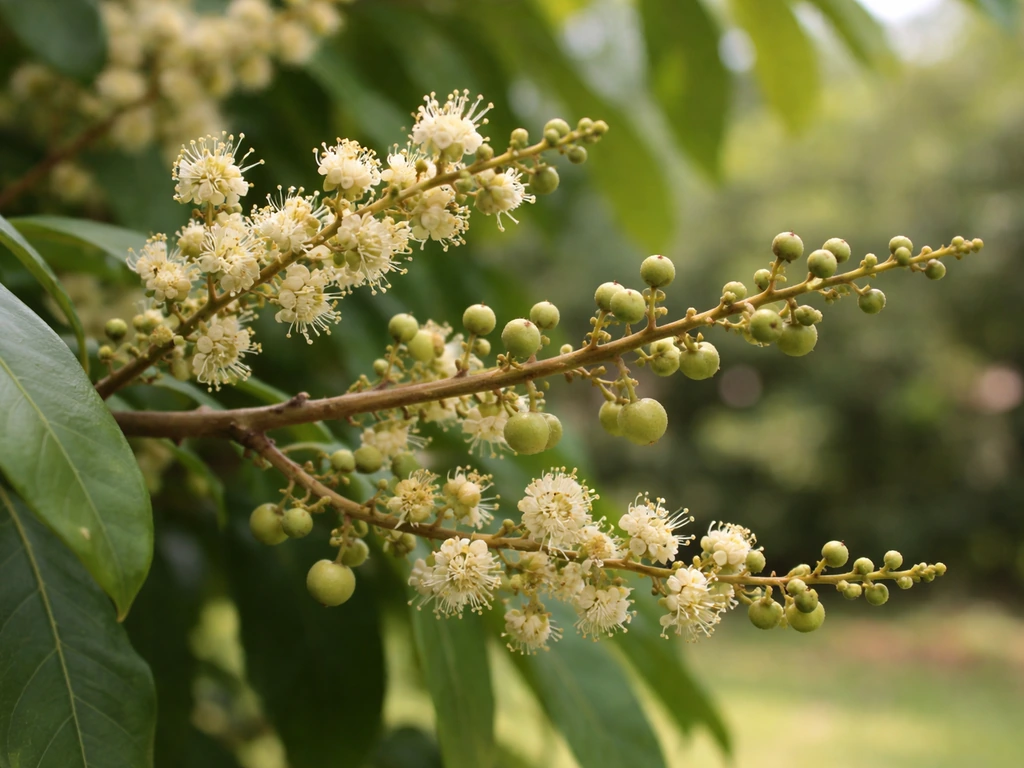 Longan tree branch with spring flower clusters and small developing fruit in soft natural light