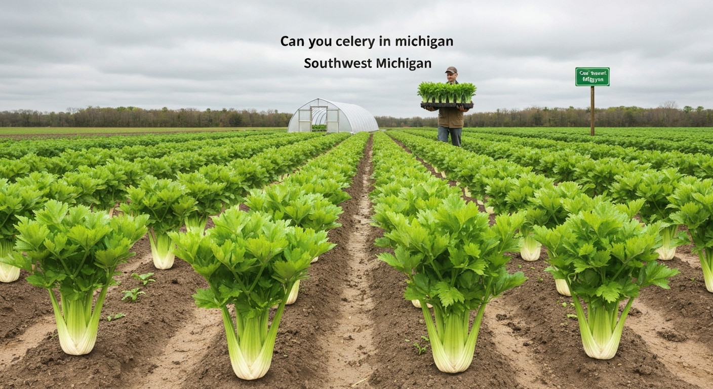 Illustration of celery field in Michigan with celery rows, a small high tunnel, and a gardener carrying transplants.