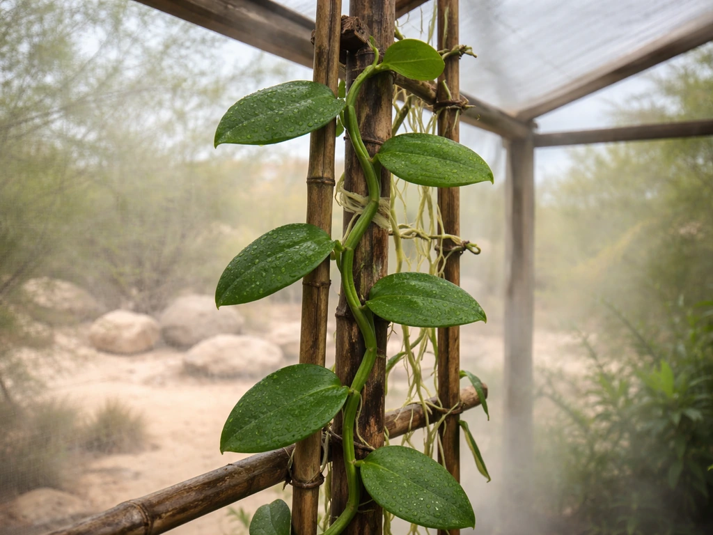 Vanilla orchid vine climbing in a shaded, humid enclosure with a desert landscape backdrop