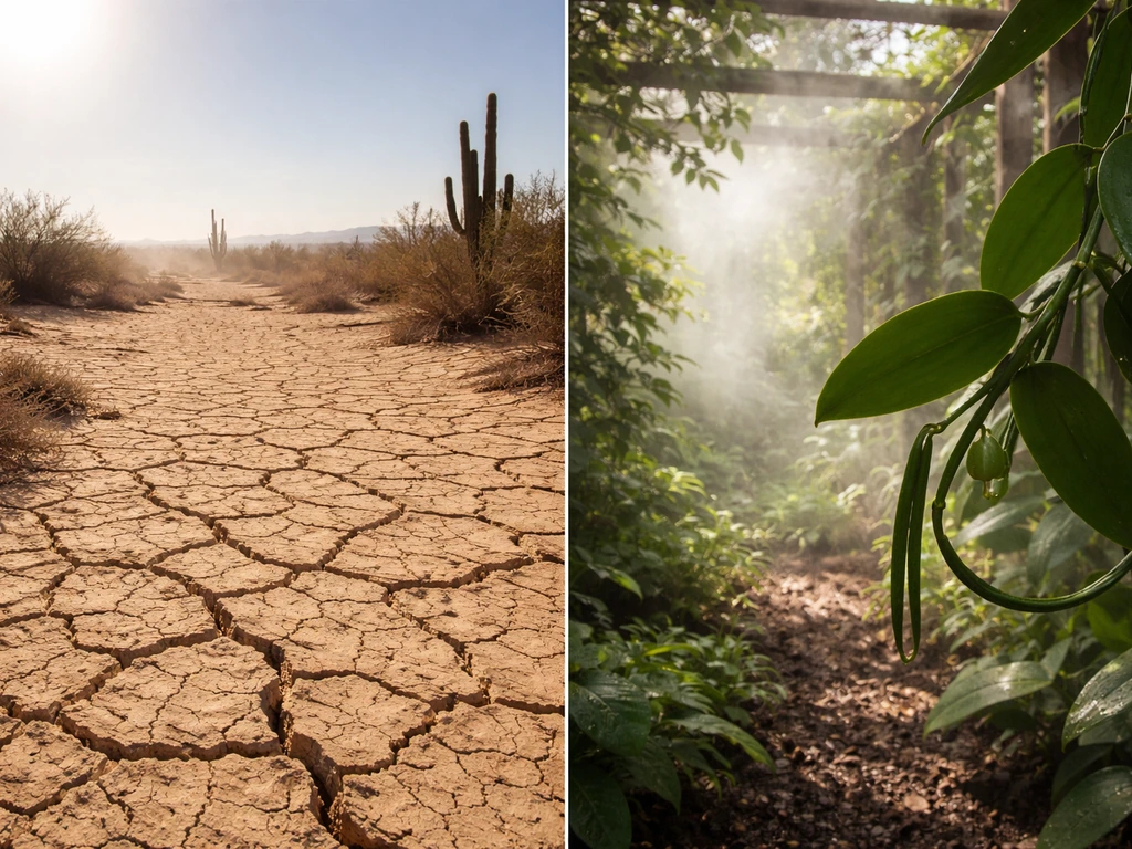 Split view of Arizona desert heat in bright sun versus a shaded, misty humid vanilla orchid microclimate.