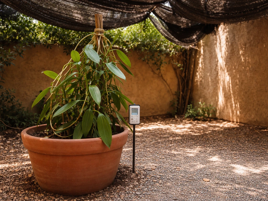 Vanilla vine in a large pot under heavy shade cloth in a quiet Arizona backyard, with a nearby weather monitor.