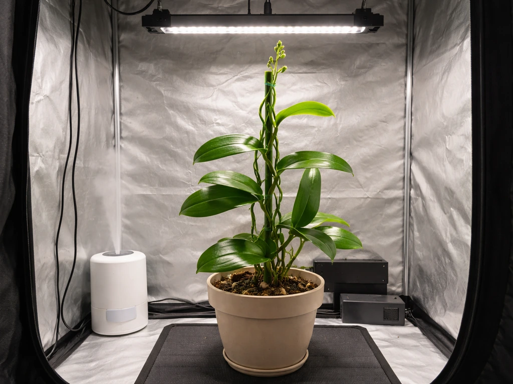 Humidifier and grow lights in a minimal grow tent with a single vanilla plant under controlled humidity.