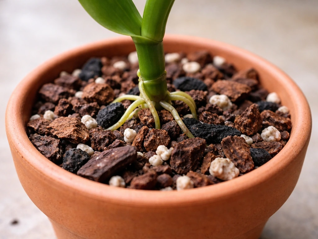 Close-up of vanilla in a terracotta pot with loose orchid bark, perlite, and charcoal for drainage.