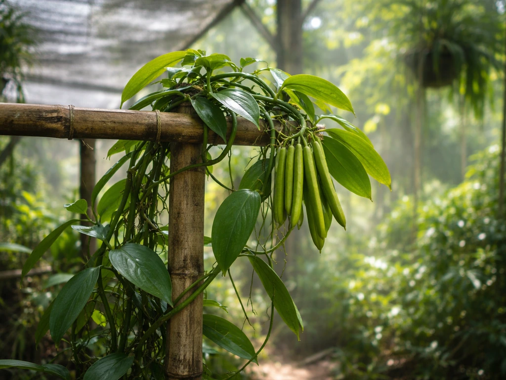 Lush vanilla orchid vine with visible vanilla bean pods in a warm, humid tropical shadehouse in Australia.